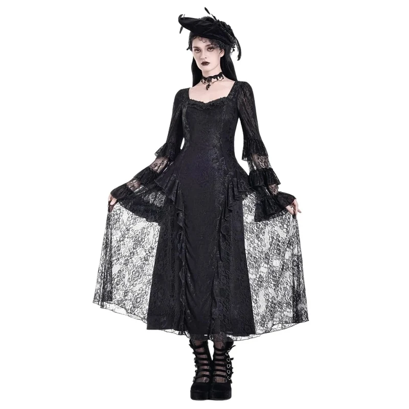 Gothic Maxikleid für Damen mit eckigem Ausschnitt, Jacquard-Stufenmuster, Glockenärmeln und Spitze aus Mesh