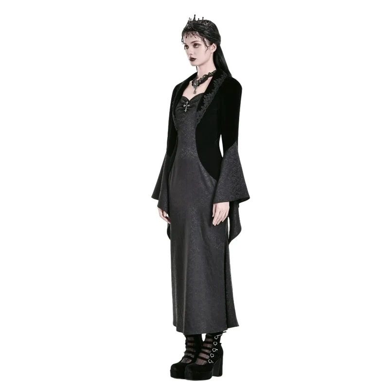 Gothic-Kleid für Damen aus Samt mit Kreuzdekor und Jacquard-Einsätzen, langärmelig