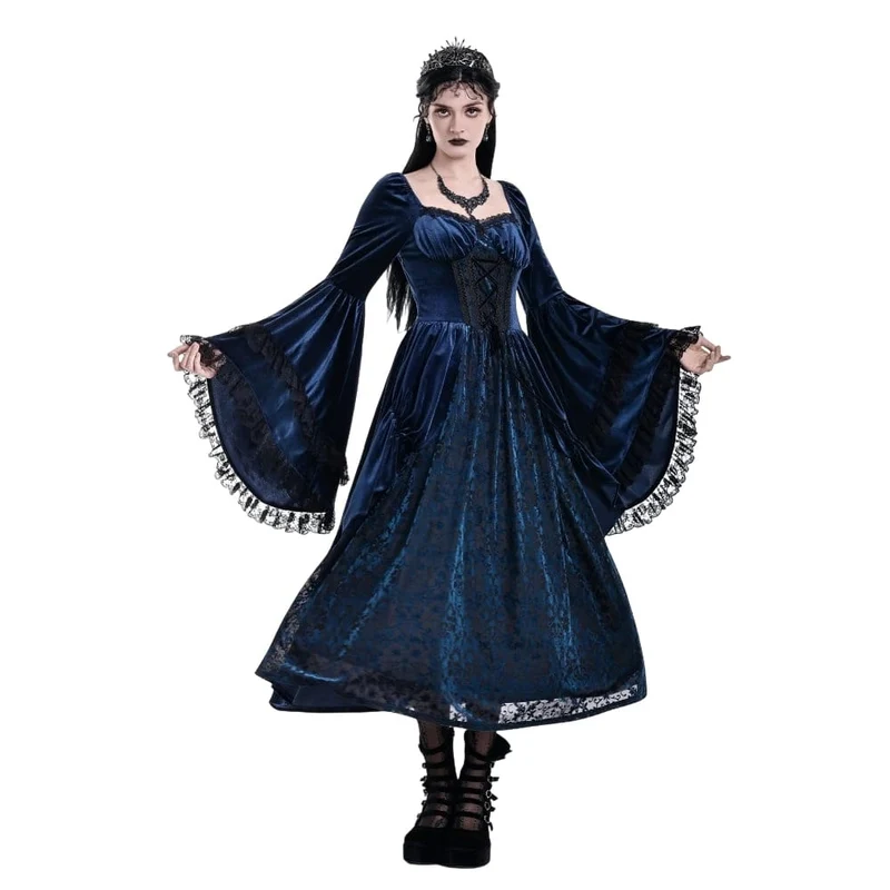 Gothic-Maxikleid für Damen mit Schnürung, Rüschen und ausgestellten Ärmeln, blau