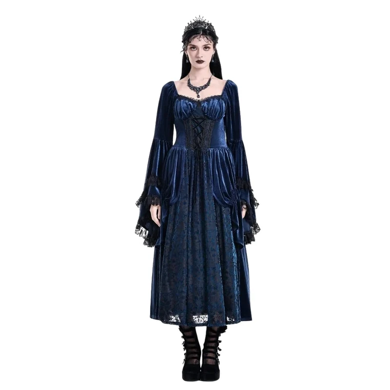 Gothic-Maxikleid für Damen mit Schnürung, Rüschen und ausgestellten Ärmeln, blau
