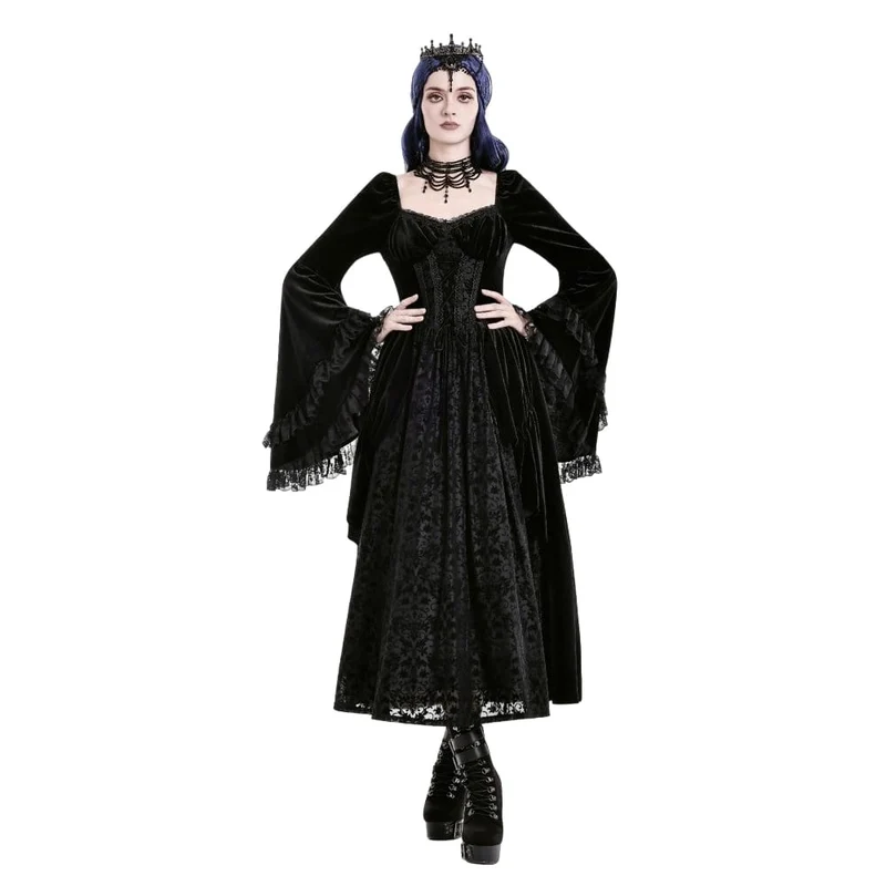 Schwarzes Gothic-Maxikleid mit Schnürung, Rüschen und ausgestellten Ärmeln für Damen – ideal als Hochzeitskleid