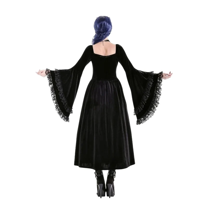Schwarzes Gothic-Maxikleid mit Schnürung, Rüschen und ausgestellten Ärmeln für Damen – ideal als Hochzeitskleid