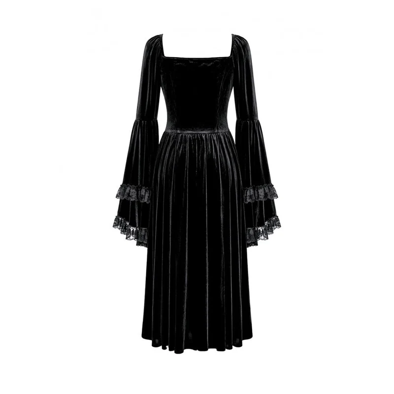Schwarzes Gothic-Maxikleid mit Schnürung, Rüschen und ausgestellten Ärmeln für Damen – ideal als Hochzeitskleid