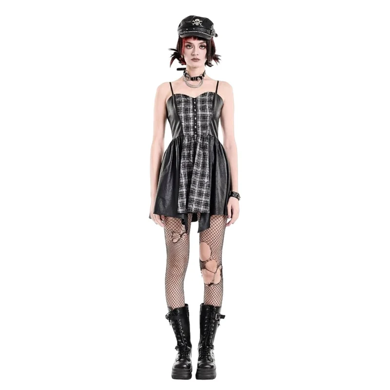 Punk-Kleid für Damen mit Karomuster, Patchwork-Einsätzen und unregelmäßigem Saum, ideal als Abschlusskleid