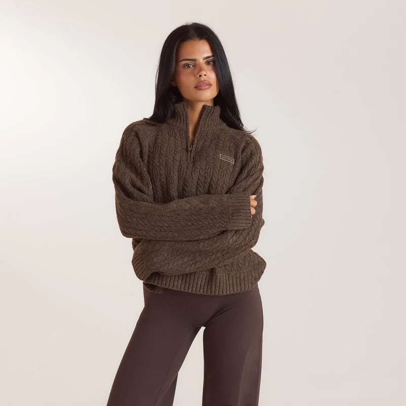 Strickpullover mit Viertelreißverschluss - Taupe