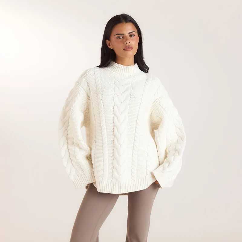 Oversized-Strickpullover mit Zopfmuster - Crèmefarbe