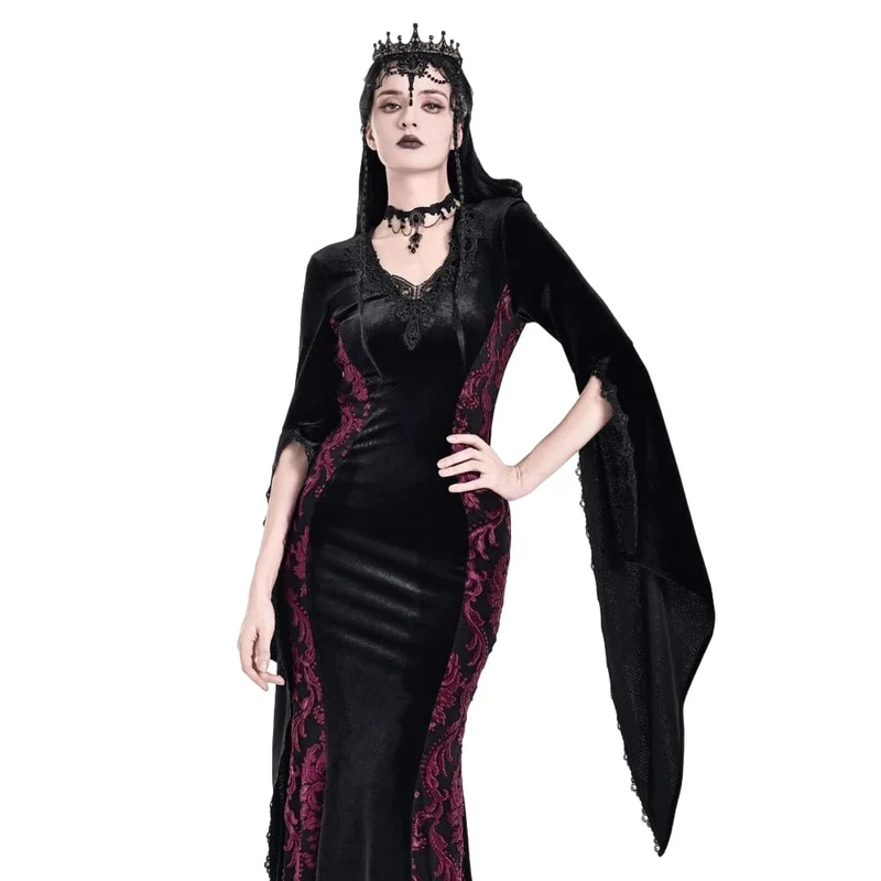 Gothic-Maxikleid aus Samt mit Applikationen, V-Ausschnitt und ausgestellten Ärmeln für Damen – Hochzeitskleid