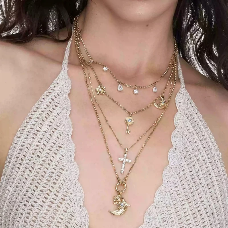 Grunge-Halskette für Damen mit floralem Schlüssel- und Halbmondmuster