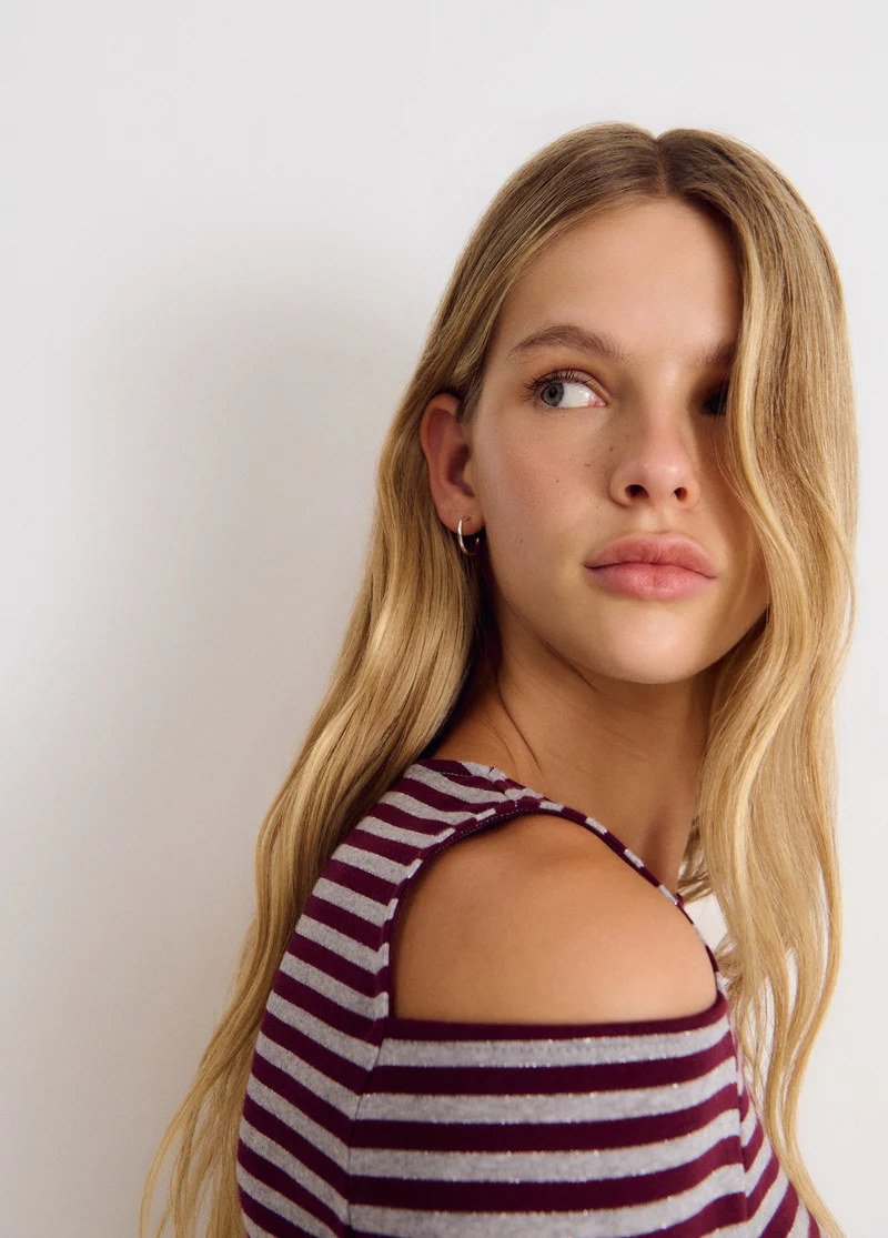Cut-out Shoulder Lurex Stripe T-Shirt