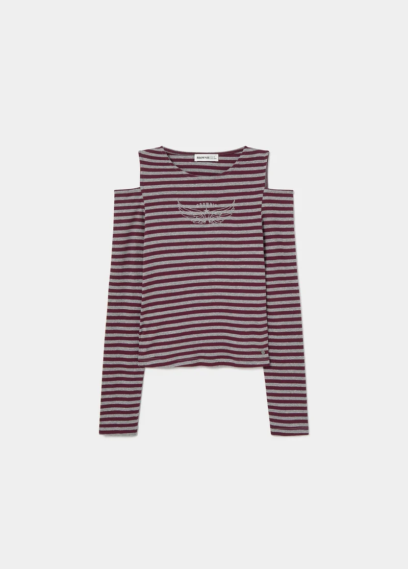Cut-out Shoulder Lurex Stripe T-Shirt