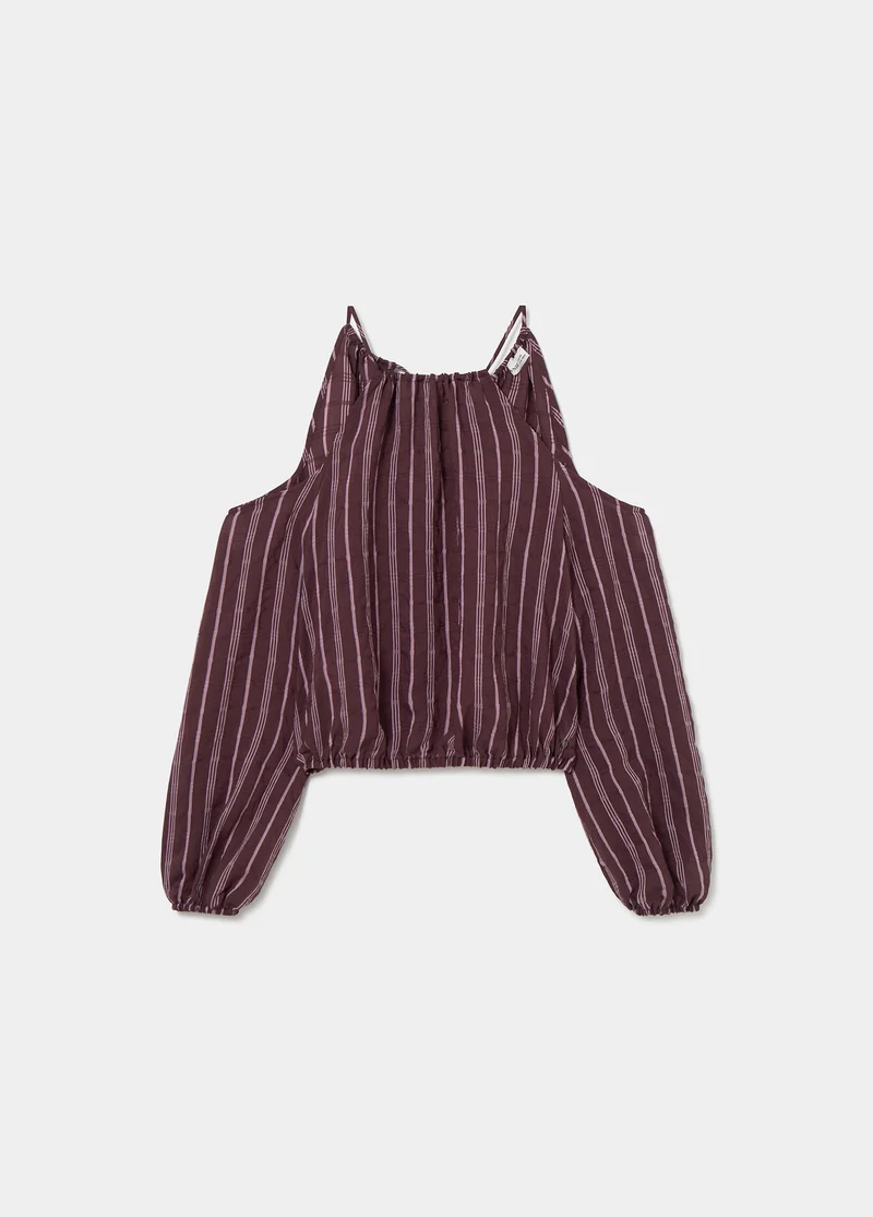 Long-sleeved striped cut-out blouse