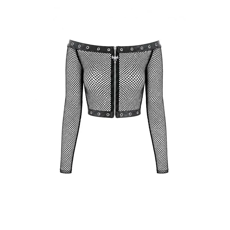 Punk-Netztop für Damen mit Ösen, Reißverschluss und schulterfreiem Schnitt