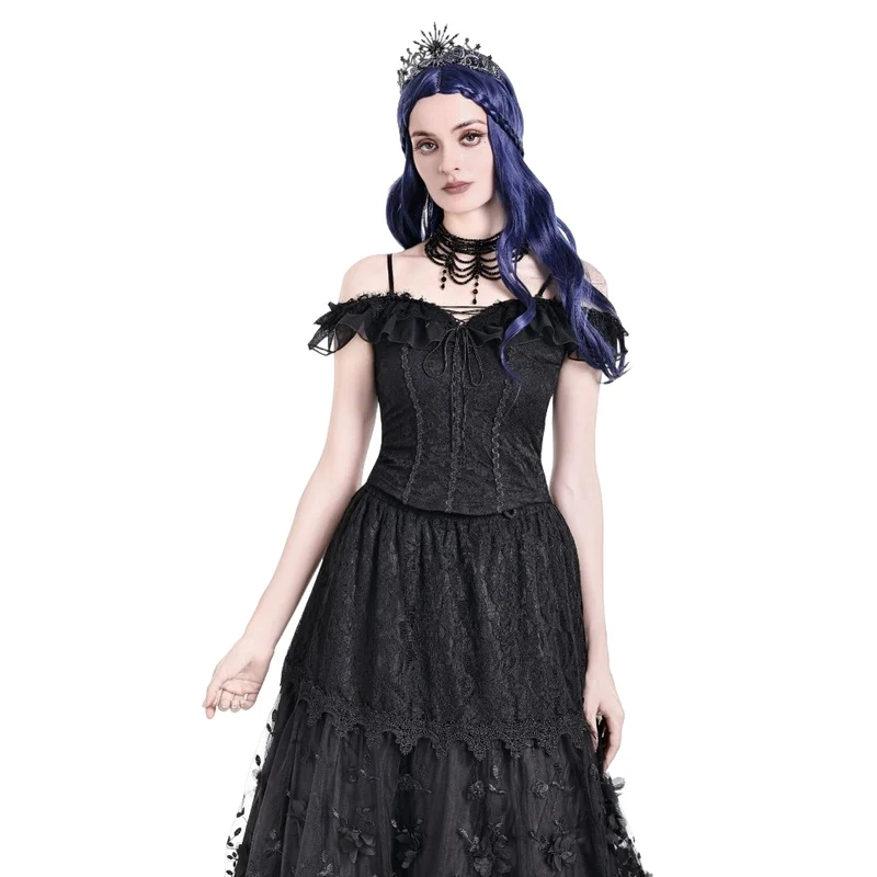 Gothic-Spitzentop für Damen mit Schnürung, Rüschen und schulterfreiem Ausschnitt