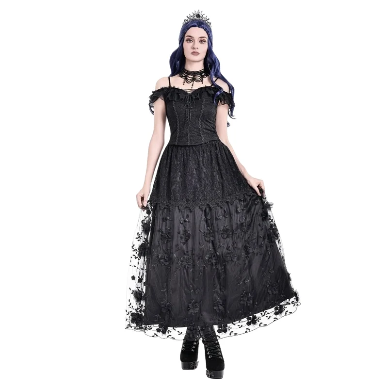 Gothic-Spitzentop für Damen mit Schnürung, Rüschen und schulterfreiem Ausschnitt