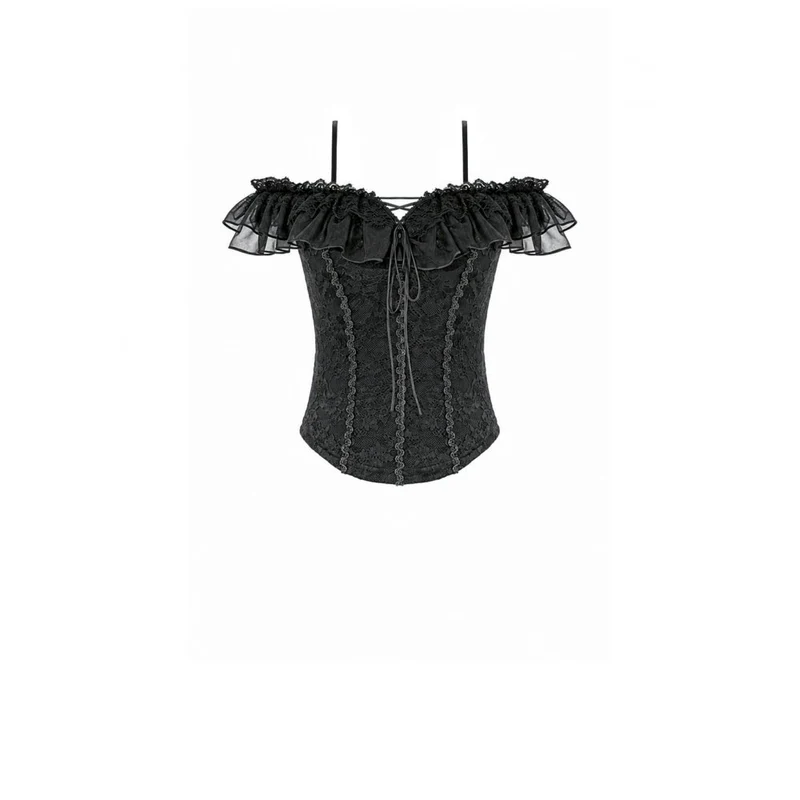 Gothic-Spitzentop für Damen mit Schnürung, Rüschen und schulterfreiem Ausschnitt