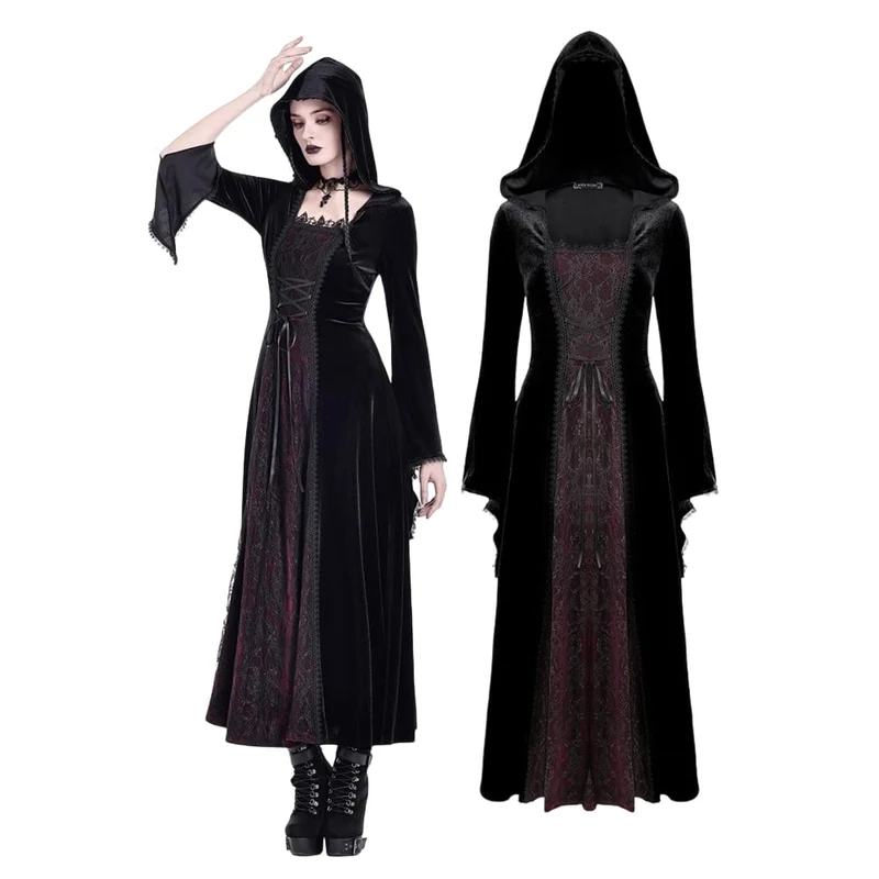 Gothic Maxikleid für Damen mit Schnürung, Farbblock-Design und Kapuze