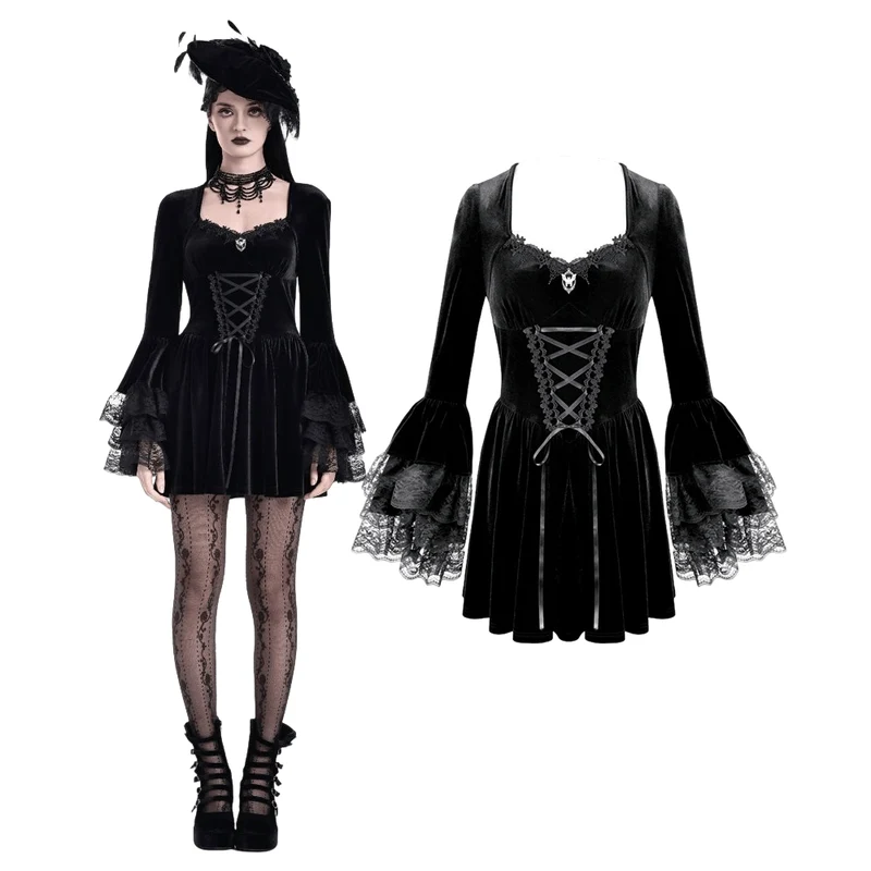 Gothic-Kleid für Damen mit Schnürung, eckigem Kragen und ausgestellten Ärmeln – Abschlusskleid
