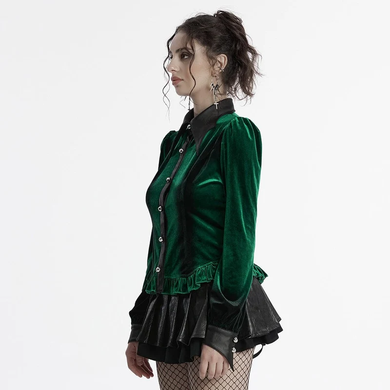 Gothic-Hemd aus Samt mit Puffärmeln und Farbverlauf für Damen in Grün