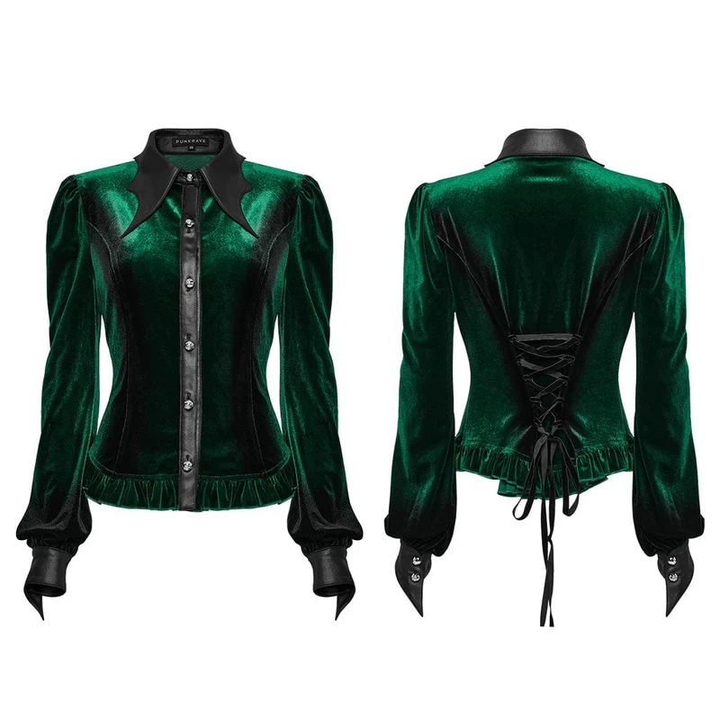 Gothic-Hemd aus Samt mit Puffärmeln und Farbverlauf für Damen in Grün