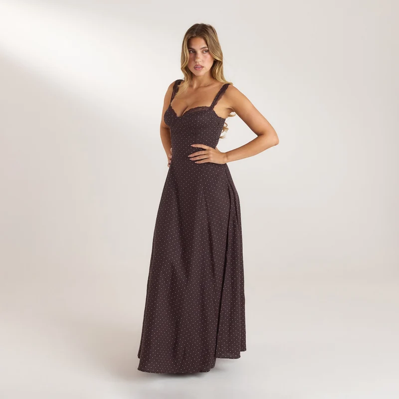 Maxikleid mit Spitzenbesatz - Schokolade mit Punkten