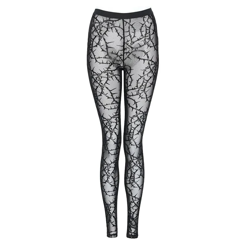 Gothic-Leggings für Damen mit dornigem Rankenmuster, beflockt und aus transparentem Mesh