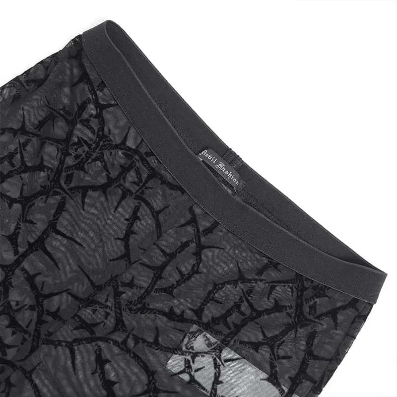Gothic-Leggings für Damen mit dornigem Rankenmuster, beflockt und aus transparentem Mesh