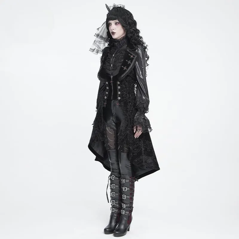 Gothic-Frack für Damen mit Schnürrevers und Jacquardmuster, ärmellos