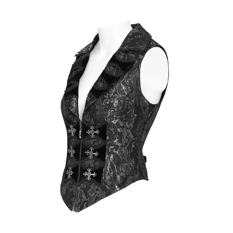 Gothic-Weste für Damen mit gekreuztem Revers, Reißverschluss vorne und Schwalbenschwanz