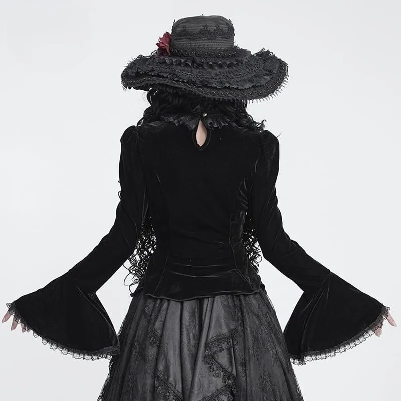 Schwarzes Gothic-Samttop für Damen mit Schnürung, Kettenverzierung und ausgestellten Ärmeln
