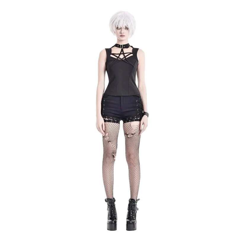 Gothic-Tanktop für Damen mit Ausschnitt, Pentagramm und Schnalle