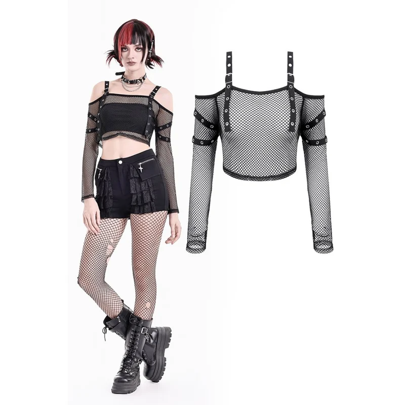 Punk-Langarmtop für Damen mit Ösenverschluss und Mesh-Einsätzen