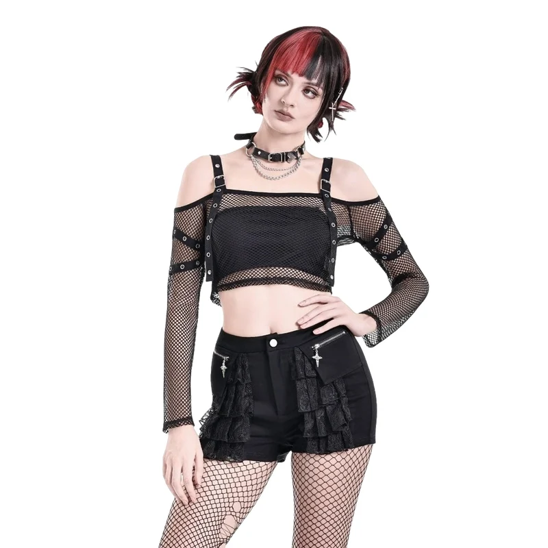 Punk-Langarmtop für Damen mit Ösenverschluss und Mesh-Einsätzen