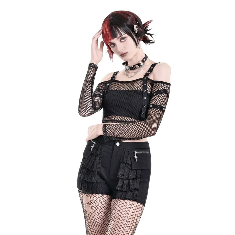 Punk-Langarmtop für Damen mit Ösenverschluss und Mesh-Einsätzen