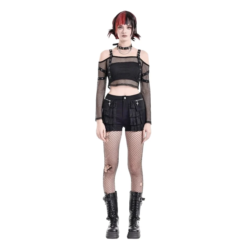 Punk-Langarmtop für Damen mit Ösenverschluss und Mesh-Einsätzen