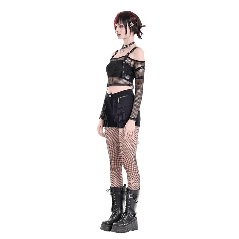 Punk-Langarmtop für Damen mit Ösenverschluss und Mesh-Einsätzen