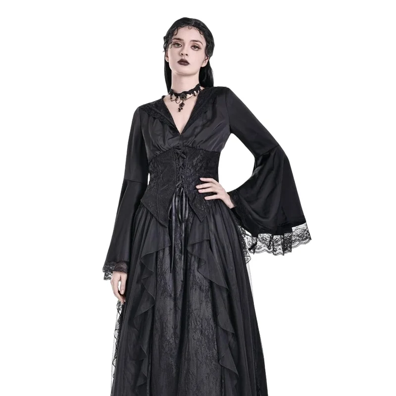 Gothic-Bluse für Damen mit Schnürung, tiefem V-Ausschnitt, Kapuze und ausgestellten Ärmeln