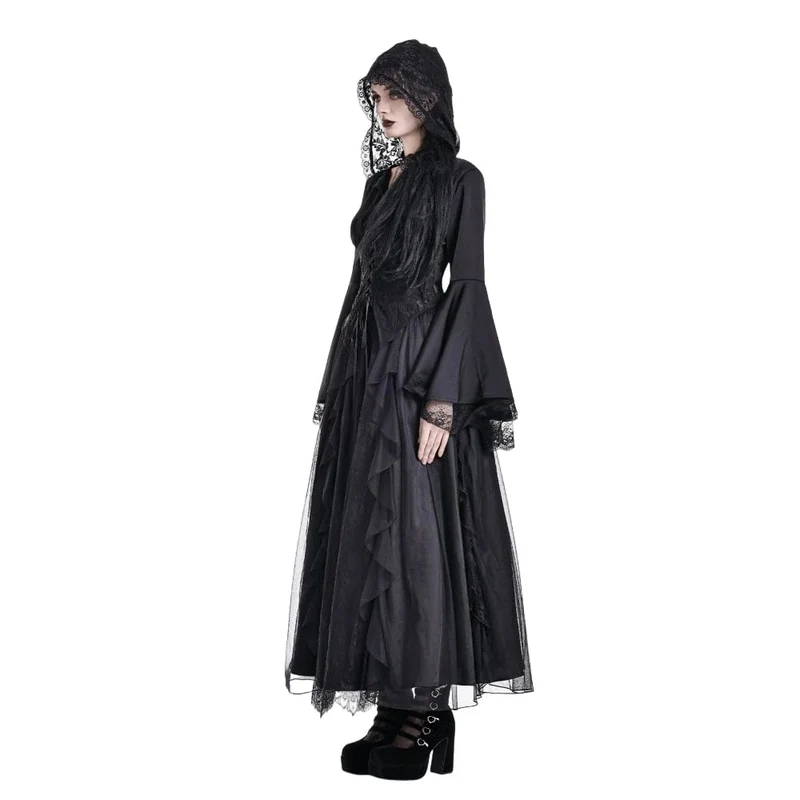 Gothic-Bluse für Damen mit Schnürung, tiefem V-Ausschnitt, Kapuze und ausgestellten Ärmeln