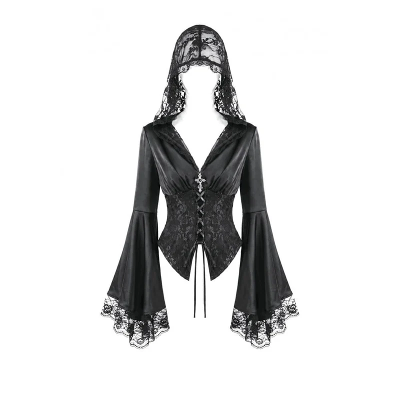 Gothic-Bluse für Damen mit Schnürung, tiefem V-Ausschnitt, Kapuze und ausgestellten Ärmeln