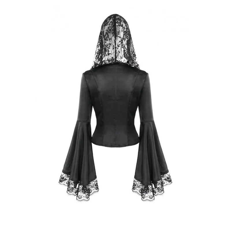Gothic-Bluse für Damen mit Schnürung, tiefem V-Ausschnitt, Kapuze und ausgestellten Ärmeln