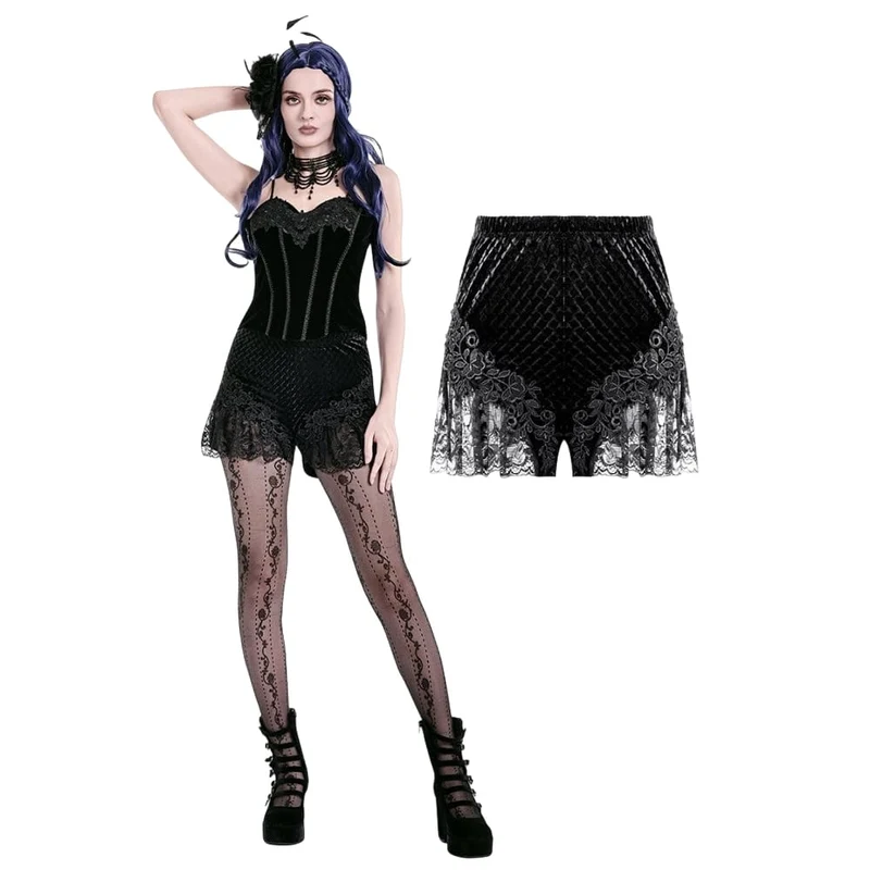Gothic-Shorts für Damen aus Samt mit floralem Spitzen-Patchwork und Prägung