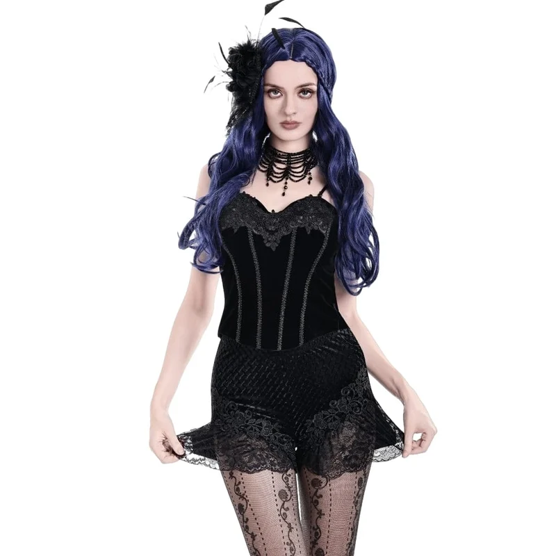 Gothic-Shorts für Damen aus Samt mit floralem Spitzen-Patchwork und Prägung