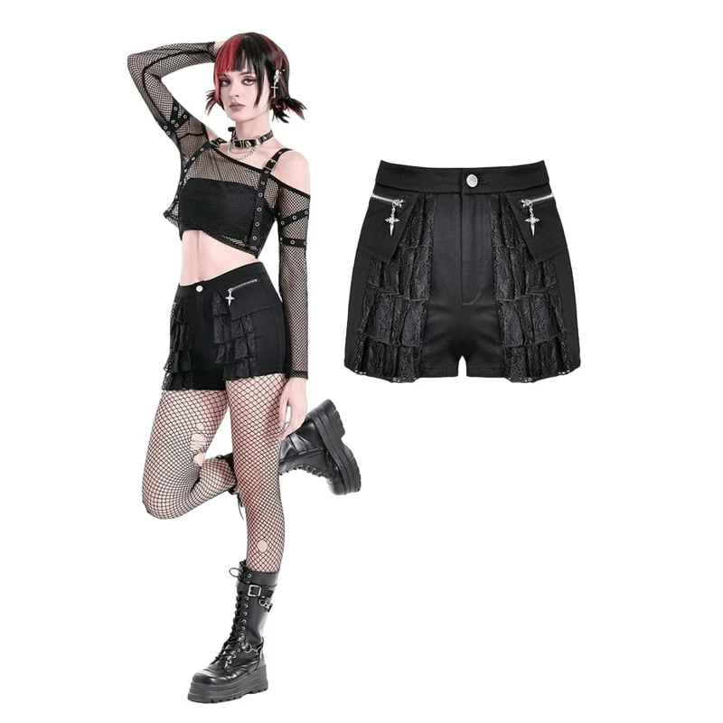 Punkige Damen-Shorts mit Lagenmuster, Spitze, Rüschen und Reißverschluss