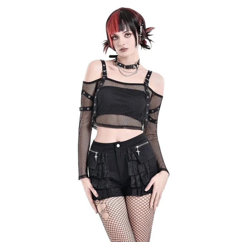 Punkige Damen-Shorts mit Lagenmuster, Spitze, Rüschen und Reißverschluss