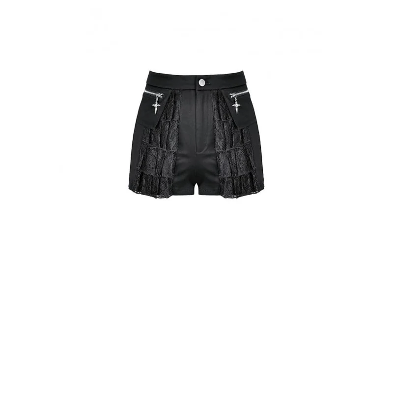 Punkige Damen-Shorts mit Lagenmuster, Spitze, Rüschen und Reißverschluss