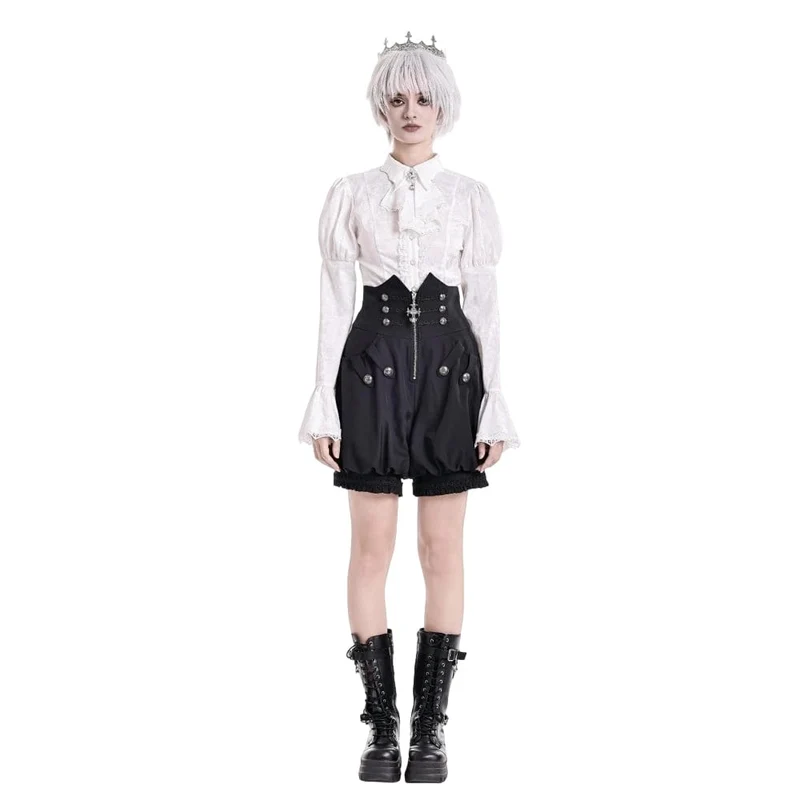 Gothic-Shorts für Damen mit hohem Bund, gekreuztem Reißverschluss, gravierten Knöpfen und Kürbisdekor