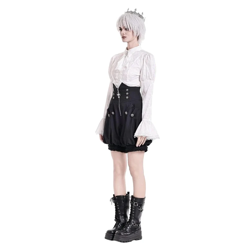 Gothic-Shorts für Damen mit hohem Bund, gekreuztem Reißverschluss, gravierten Knöpfen und Kürbisdekor