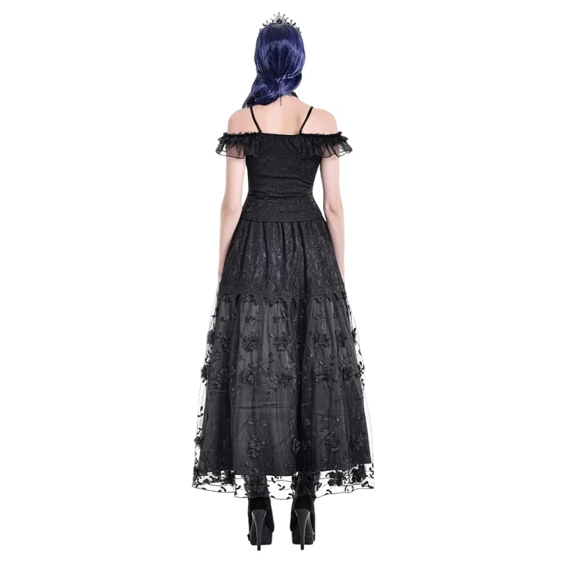 Gothic-Maxirock für Damen mit 3D-Blumenapplikationen und Rankenstickerei, gestuft