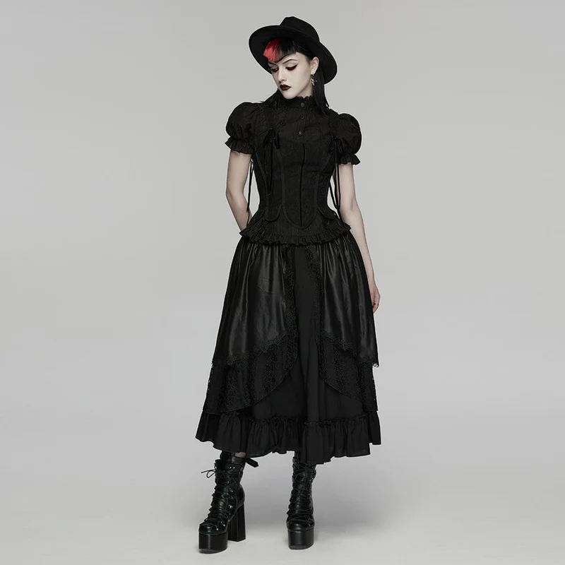 Gothic-Rock für Damen, mehrlagig, mit Blumenstickerei