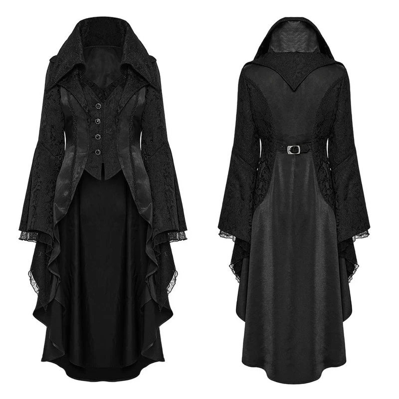 Gothic-Jacke für Damen mit Reverskragen, ausgestellten Ärmeln und hohem/niedrigem Schnitt