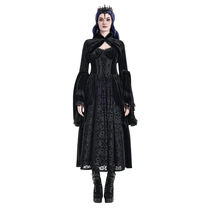 Gothic-Cape für Damen mit Jacquard-Muster, Kunstpelzbesatz und Froschknopfverschluss, kurz geschnitten